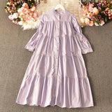 Temperament Aging Solid Color Simple Dress Autumn Dress Korean Version Fashion Bubble Long Sleeves Show Thin Button Long Skirt Women-Outfit
