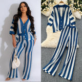 Fongt Women's Summer V-Neck Loose Knitted Cardigan Top + Broad Leg Trousers Set With Striped Hollow Set