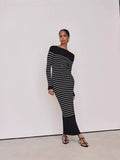 Fongt And Winter New Women's Fashion Elegant Round-Neck Dress Striped Dress Long Dress