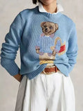Fongt Autumn Explosion Wool-Blend Cartoon Bear High Quality Autumn And Winter Sweater Female Blue Collar Casual Knitting