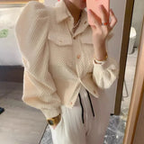 Women 2023 Autumn Winter Shirts Retro Cargo Style Pockets Long-Sleeved Shirt Puff Sleeve Bandage Nipped Waist Tops