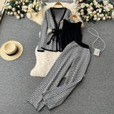 Fongt Printing Casual Set Of Women's Shawl Jacket + V Collar Bottom Knitted Shirt + Broad Leg Trousers Three Sets