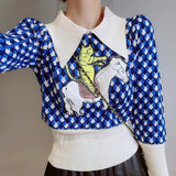 Puff Sleeve Retro Acrylic Cat Horse Embroidery Sweaters Slim Crop Top Elegant Women Streetwear Kawaii Clothes Winter