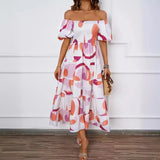 Fongt New Temperament Collar Print Pony Dress Bubble Sleeve Dress Woman