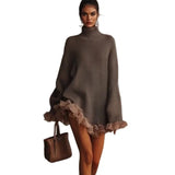 Fongt 2025 New Knitted High-Necked Lotus Edge Spliced Long-Sleeved Gray Sweater