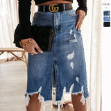 Fongt Autumn And Winter New Casual Bag Hip Skirt Tuxed Hole Cowboy Skirt Women's Dress Thin