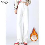 New Winter Thick White Jeans for Women Warm Soft Casual Loose Wide Leg Straight Full Length Denim