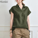 Summer Elegant Lapel Neck Solid Blouse Women Short Sleeve Solid Cotton Tops Casual Loose Blusas OL Work Shirt Oversize 703-0-Outfit