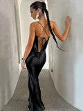 Backless Satin Dresses for Women 2023 Autumn Spaghetti Strap Sleeveless Party Night Clubwear Sexy Slip Dress
