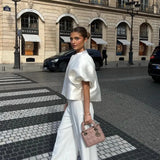 Fongt Spring / Summer 2024 Fashion Satin Bubble Sleeve Short Jacket Loose White Shirt-Outfit