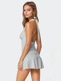 Fongt Women's Temperament Simple Pile Tie Stripe Bump Color Hanging Neck Tie Dress Short