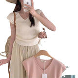 Silk V-Collar Vest Women Draw Rope Waist Design Sense Minority Summer 2024 New Chic Sweater T-Shirt-Outfit