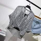 Two Piece Set Leopard Chiffon Shirts Summer Half Sleeve Loose V-Neck Women Casual Blouse Sexy Plus Size Striped Tops