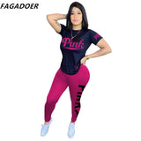 Summer Casual PINK Letter Print Two Piece Sets Women Short Sleeve Top And Skinny Pants Tracksuits Famale 2pcs