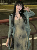 Chinese Style Halo Dyeing Slim Fit Camisole Dresses+ Y2k Ruffles Long Sleeve Green Cardigan Spring Two Piece Sets-Outfit