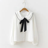 New Solid Ruched Button Up Blouse Ribbon Lace Up Long Sleeve Peter pan Collar Shirt Sweet Girls Loose Plus Size Top
