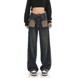 Fongt New Niche Design Contrast Jeans Women's High Street Blue Fur Mop Wide Leg Pants-Outfit