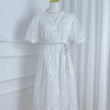 Fongt High-End Temperament Dress 2025 Summer Fashion Strap To Waist Single Buckle Embroidery Mesh Long Dress Woman