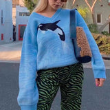 Knitted Dolphin Print Women Sweater V-neck Long Sleeve Sweet Female Sweaters 2021 Winter New Pullovers Ladies