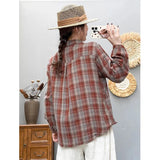 Fongt Spring And Autumn New Art Retro Long-Sleeved Shirt Women Loose Leisure Shirt Shirt Double Cotton Yarn Plaid