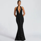 Fongt New Women's Sexy Deep V-Low Backpack Skirt With Folded Fishtail Dress