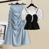 Women Summer French Vintage Two Pieces Set Korean Puff Sleeve Fake Two Piece Patchwork Tops And Draped Bodycon Mermaid Skirt