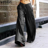 Loose High Waist Trousers VONDA Women 2022 Spring Solid Wide Leg Pants Casual Female Denim Pants Vintage Pockets Pantalon
