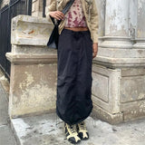 Vintage Drawstring Cargo Skirts Chic Y2K Solid Retro Women's Grunge Clothes Shirring Harajuku Long Skirts Techwear