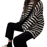 Fongt 2024 New Ins Tide Black And White Stripes Early Autumn Loose Long-Sleeved T-Shirt Schoolgirl