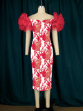 Fongt Net Yarn Sleeves Stitched Printed Bags Dresses Mid-Sevent Dress Party Dress Women Dress