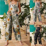 Women Casual Floral Print Strappy Dungarees Vintage Cotton Linen Loose Party Long Harem Overalls Rompers