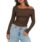 Women Basic Solid Undershirt Slash Off Shoulder Full Sleeve Shirt Shrunk Soft T-Shirt Autumn Versatile Street Daily Top-Outfit