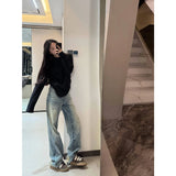 Fongt Blue Hole Wide Leg Jeans Women's Spring 2025 New Design Feeling Loose Straight Trousers