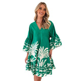 Fongt Summer New V-Neck Print Horn Sleeve Loose Short Dress Woman