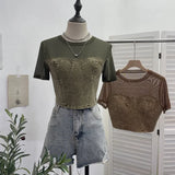 Fongt Summer Denim Splicing Mesh Yarn Short-Sleeved T-Shirt Design Fake Two Hot Girl Short Top 26231