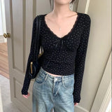 V-Neck Lace Patchwork Floral Long Sleeve Tee-Outfit