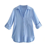 Spring Autumn Women Retro Simple Style Loose Long Sleeve Basic Solid Color Shirt Casual Chic