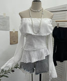 Fongt Ballet Style Shoulder Fold Texture Texture Coat Irregularly Ribbon Horn Sleeve Short Shirt 1158