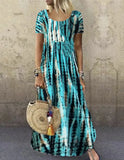 Fongt Summer Dress Wish Round Collar Short Sleeve Tie-Dye Print Skirt Big-Outfit
