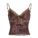 Fongt Girls Retro Print Small Slings New Mesh Lace Spliced V-Neck Vest Top