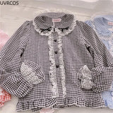 Women Preppy Style Sweet Lolita Blouses Cute Bow Lace Ruffles Plaid Shirt Gothic Girly Kawaii Long Sleeve Harajuku Blusas Mujer-Outfit