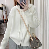 Version Of Solid Color Double Zipper Hooded Sweater Female Korean Early Autumn New Loose Style Soft Waxy Knitted Cardigan Jacket-Outfit