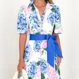 Fongt Printed Bohemian Dress Spring Summer New Short-Sleeved Belt A-Shaped Dress Lady