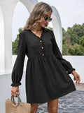Vintage Front Button Ruffled A-line Dress Lantern Sleeve Deep V neck Solid High Street Mini Dress 2021 Autumn New