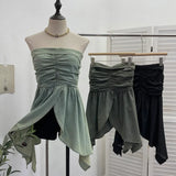 Real Shooting Niche Hottie Sexy Breast-Wearing Waist Folded Open Fork Water Washing Denim Wrapped Breastless Sleeveless Top