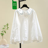 Fongt Embroidered Doll Collar White Shirt Women 2025 New Loose Thin Lantern Sleeve Shirt Top