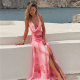 Fongt Summer New Women's Sexy Hanging Neck T-Shirt With Printed Perspective To Repair The Fork Dress
