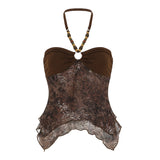 Fongt Retro-Winded Girl Feeling Beaded Hanging Neck Sling Sling Sling Sexy Mesh Splicing Irregular Pendant Top
