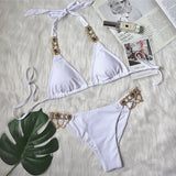 Fongt New Swimwear Crystal Diamond Chain Women's Split Swimsuit Perm Gold Snake Grain Strap Sexy