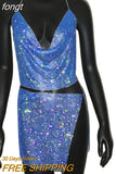Women Sparkly Rhinestone Sexy Two Piece Set 2023 New Low Cut Sleeveless Halter Backless Party Top Split Empire Mini